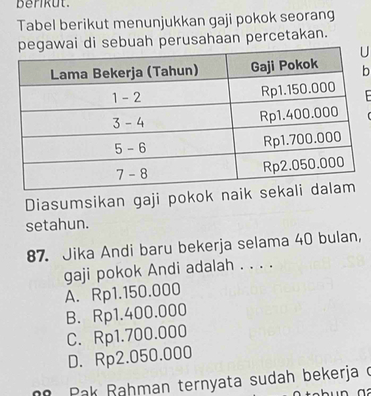 berikut.
Tabel berikut menunjukkan gaji pokok seorang
wai di sebuah perusahaan percetakan.
U
b
F
Diasumsikan gaji pokok naik 
setahun.
87. Jika Andi baru bekerja selama 40 bulan,
gaji pokok Andi adalah . . . .
A. Rp1.150.000
B. Rp1.400.000
C. Rp1.700.000
D. Rp2.050.000
* Pak Rahman ternyata sudah bekerja o