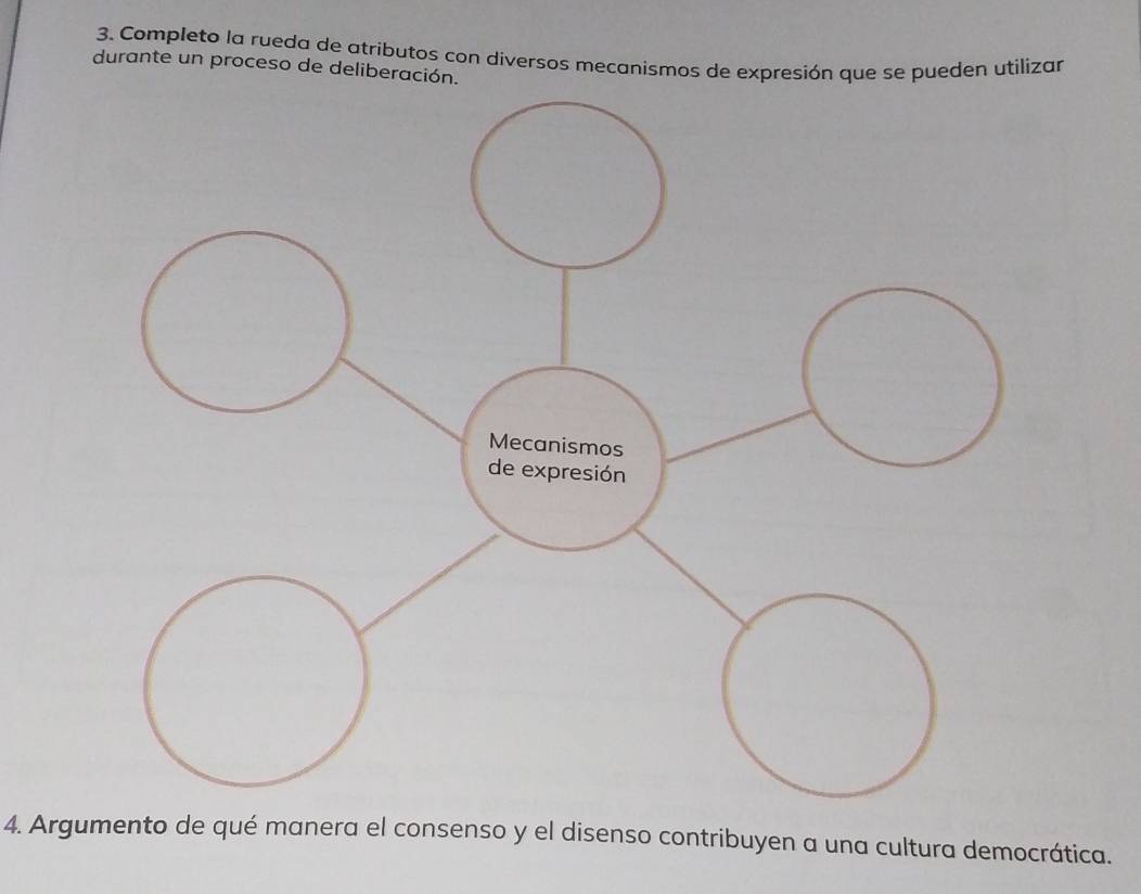 Completo la rueda de atributos con diversos mecanismos de expresión que se pueden utilizar 
durante un proceso de deliberación. 
4. Argumento de qué manera el consenso y el disenso contribuyen a una cultura democrática.