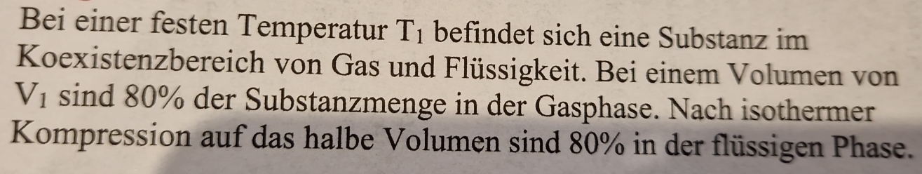 Bei einer festen Temperatur T_1 befindet sich eine Substanz im 
Koexistenzbereich von Gas und Flüssigkeit. Bei einem Volumen von
V_1 sind 80% der Substanzmenge in der Gasphase. Nach isothermer 
Kompression auf das halbe Volumen sind 80% in der flüssigen Phase.