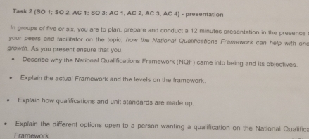 Task 2 (SO 1; SO 2, AC 1; SO 3; AC 1, AC 2, AC 3, AC 4) - presentation 
In groups of five or six, you are to plan, prepare and conduct a 12 minutes presentation in the presence 
your peers and facilitator on the topic, how the National Qualifications Framework can help with one 
growth. As you present ensure that you; 
Describe why the National Qualifications Framework (NQF) came into being and its objectives. 
Explain the actual Framework and the levels on the framework. 
Explain how qualifications and unit standards are made up. 
Explain the different options open to a person wanting a qualification on the National Qualifica 
Framework.