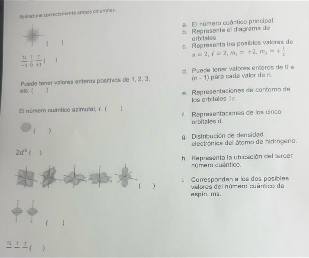 Realacione correctamente ambas columnas. 
a. El número cuántico principal. 
b. Representa el diagrama de 
 ) orbitales. 
c. Representa los posibles valores de
n=2, ell =2, m_t=+2, m_s=+ 1/2 
 11/-1  1/0  1/+1  C ) 
d. Puede tener valores enteros de 0 a
(n-1)
Puede tener valores enteros positivos de 1, 2, 3, para cada valor de n. 
etc. ( ) 
e. Representaciones de contorno de 
los orbitales 1s. 
El número cuántico azimutal, ł. ( ) 
f. Representaciones de los cinco 
orbitales d. 
( ) 
g. Distribución de densidad 
electrónica del átomo de hidrógeno.
2d^5()
h. Representa la ubicación del tercer 
número cuántico. 
i. Corresponden a los dos posibles 
( ) 
valores del número cuántico de 
espín, ms. 
( ) 
)