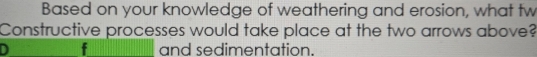 Based on your knowledge of weathering and erosion, what tw 
Constructive processes would take place at the two arrows above? 
D f and sedimentation.