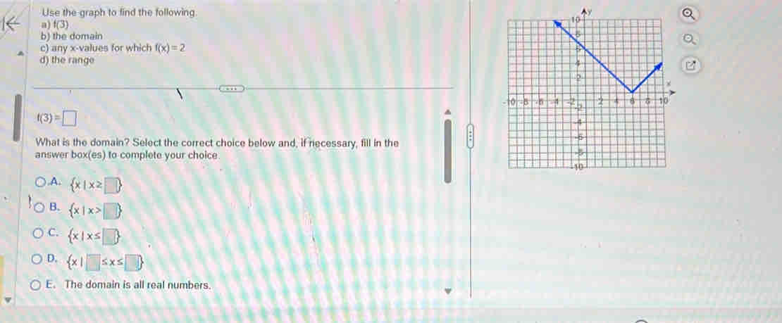 Use the graph to find the following. 
a) f(3)
b) the domain
c) any x -values for which f(x)=2
d) the range
f(3)=□
What is the domain? Select the correct choice below and, if necessary, fill in the
answer box(es) to complete your choice.A.  x|x≥ □ 
B.  x|x>□ 
C.  x|x≤ □ 
D.  x|□ ≤ x≤ □ 
E. The domain is all real numbers.