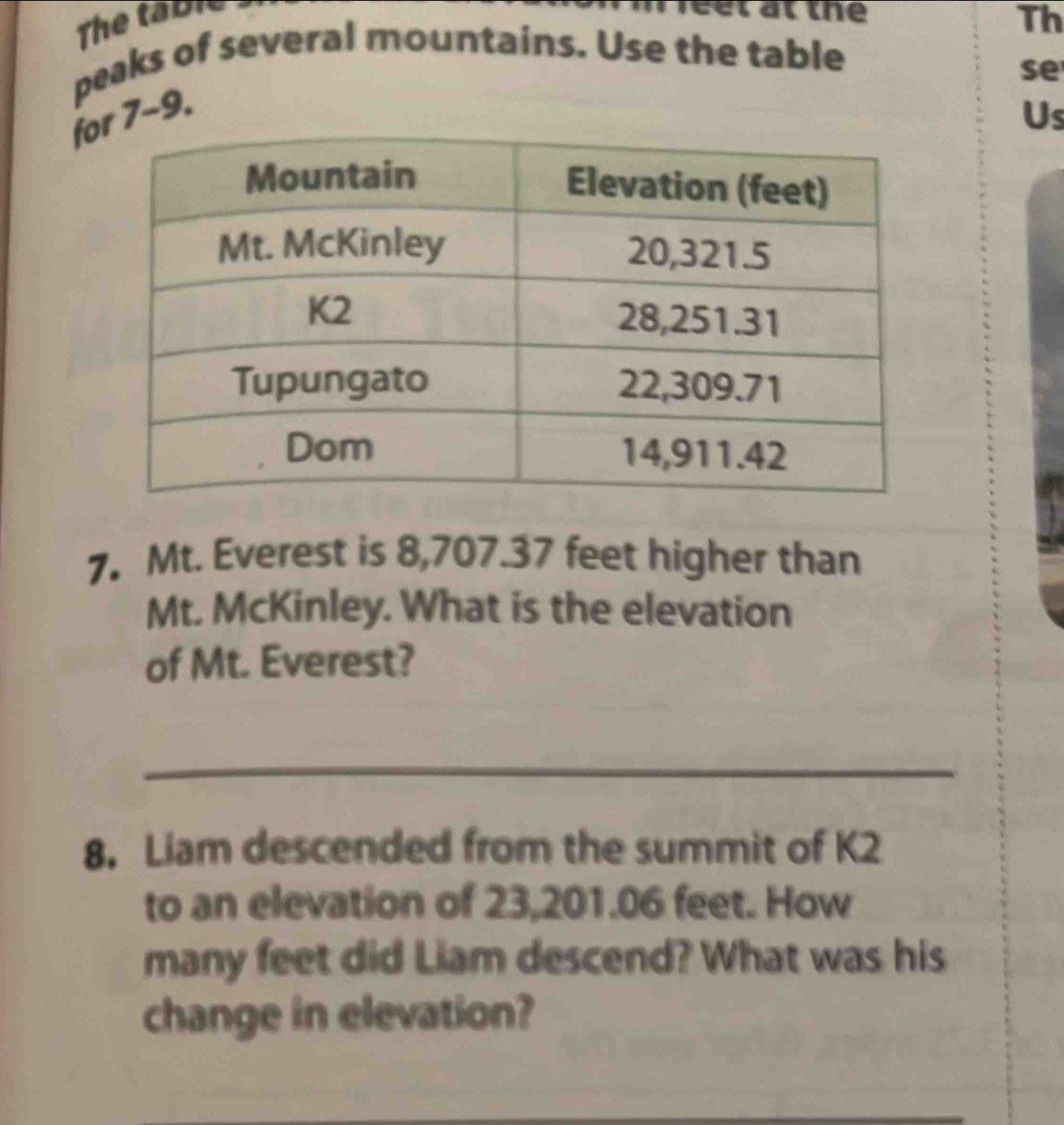 The table 
reet at the Th 
peaks of several mountains. Use the table 
se 
f 7-9. 
Us 
7. Mt. Everest is 8,707.37 feet higher than 
Mt. McKinley. What is the elevation 
of Mt. Everest? 
_ 
8. Liam descended from the summit of K2
to an elevation of 23,201.06 feet. How 
many feet did Liam descend? What was his 
change in elevation?