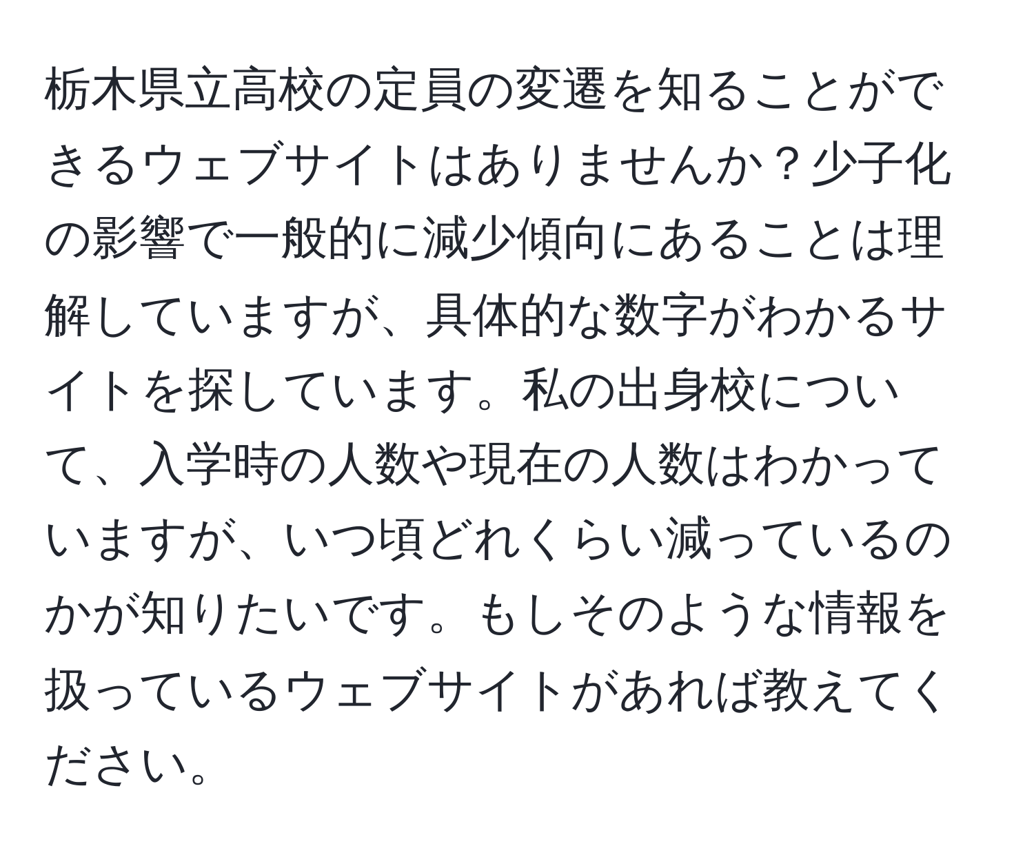 栃木県立高校の定員の変遷を知ることができるウェブサイトはありませんか？少子化の影響で一般的に減少傾向にあることは理解していますが、具体的な数字がわかるサイトを探しています。私の出身校について、入学時の人数や現在の人数はわかっていますが、いつ頃どれくらい減っているのかが知りたいです。もしそのような情報を扱っているウェブサイトがあれば教えてください。