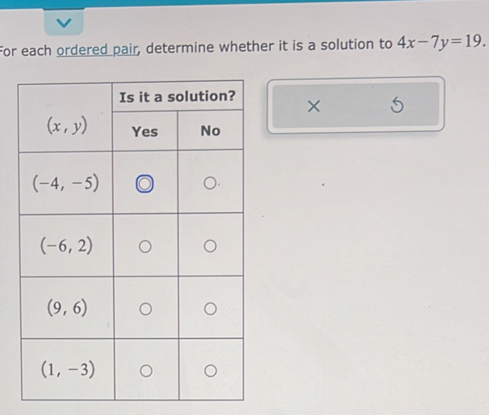 For each ordered pair, determine whether it is a solution to 4x-7y=19.
× 5