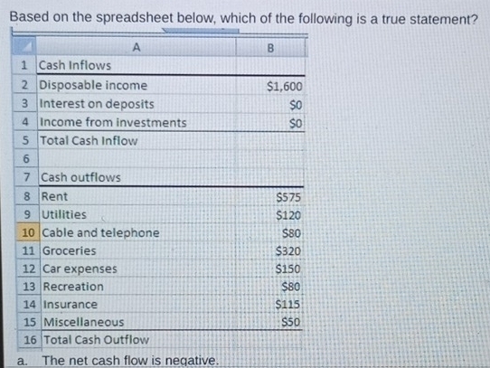 Based on the spreadsheet below, which of the foing is a true statement?
a. The net cash flow is neqative.