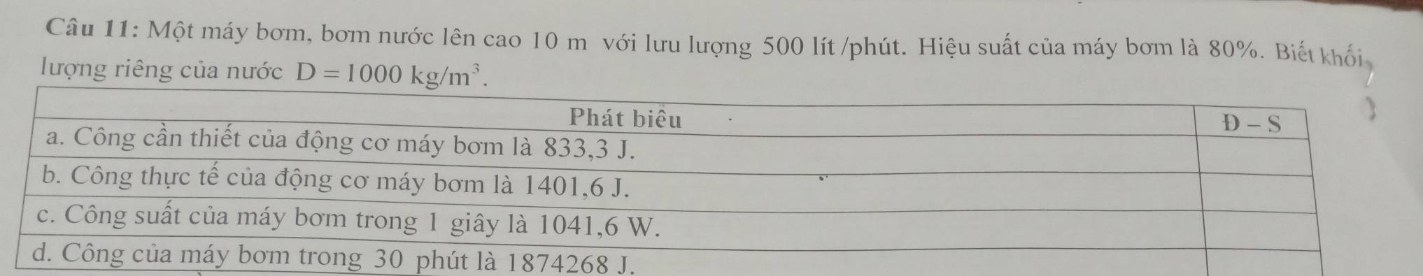 Một máy bơm, bơm nước lên cao 10 m với lưu lượng 500 lít /phút. Hiệu suất của máy bơm là 80%. Biết khối
lượng riêng của nước D=1000kg/m^3.