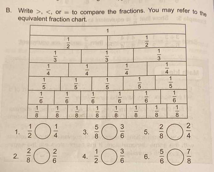 Write >,  1/2   1/4  3.  5/8   3/6  5.  2/8   2/4 
2.  2/8   2/6  4.  1/2   3/6  6.  5/6   7/8 