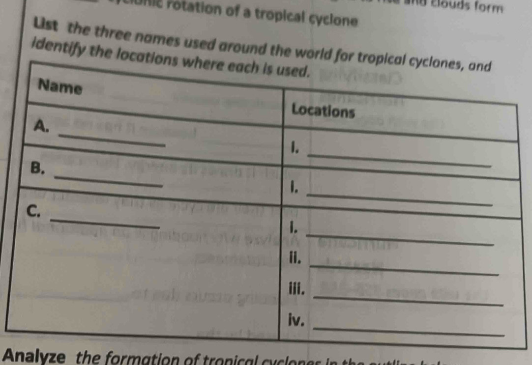 in clouds form 
UnIc rotation of a tropical cyclone 
List the three names used around th 
identify