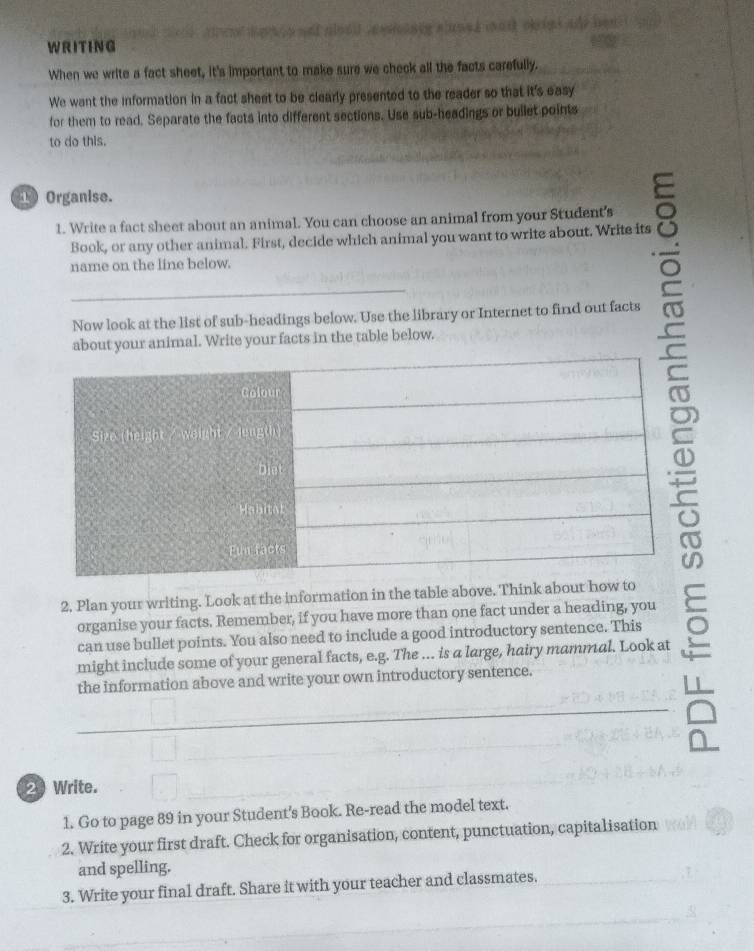 WRITING 
When we write a fact sheet, it's important to make sure we check all the facts carefully. 
We want the information in a fact sheet to be clearly presented to the reader so that it's easy 
for them to read. Separate the facts into different sections. Use sub-headings or builet points 
to do this. 
Organise. 
1. Write a fact sheet about an animal. You can choose an animal from your Student's 
Book, or any other animal. First, decide which animal you want to write about. Write its 
name on the line below. 
_ 
Now look at the list of sub-headings below. Use the library or Internet to find out facts 
about your animal. Write your facts in the table below. 
2. Plan your writing. Look at the information in the table above. Think about how 
organise your facts. Remember, if you have more than one fact under a heading, you 
can use bullet points. You also need to include a good introductory sentence. This 
might include some of your general facts, e.g. The ... is a large, hairy mammal. Look at 
the information above and write your own introductory sentence. 
_ 
2  Write. 
1. Go to page 89 in your Student's Book. Re-read the model text. 
2. Write your first draft. Check for organisation, content, punctuation, capitalisation 
and spelling. 
3. Write your final draft. Share it with your teacher and classmates,