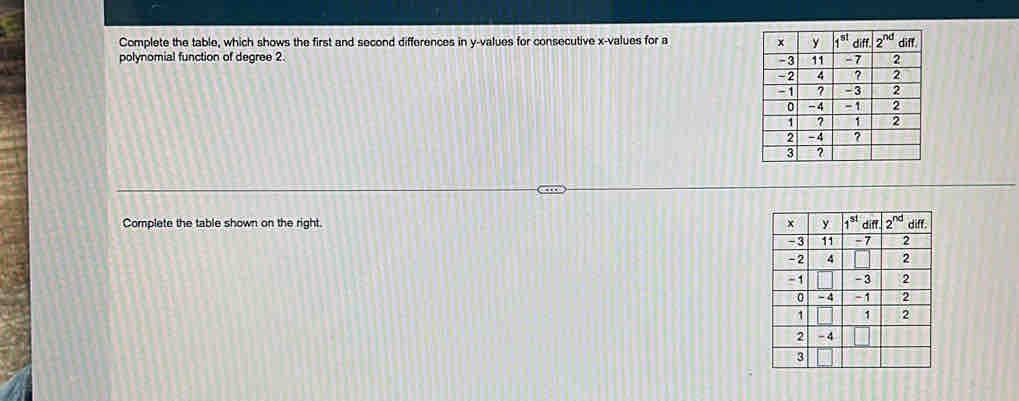 Complete the table, which shows the first and second differences in y-values for consecutive x-values for a 
polynomial function of degree 2 
Complete the table shown on the right.