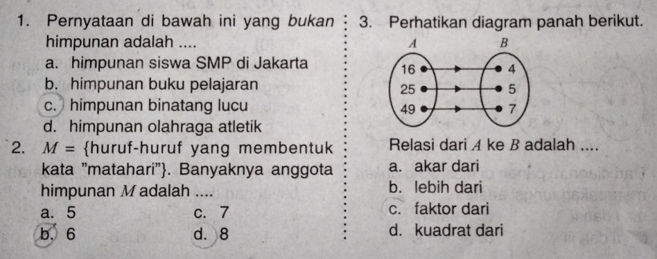 Pernyataan di bawah ini yang bukan . 3. Perhatikan diagram panah berikut.
himpunan adalah ....
a. himpunan siswa SMP di Jakarta
b. himpunan buku pelajaran
c. himpunan binatang lucu
d. himpunan olahraga atletik
2. M= huruf-huruf yang membentuk Relasi dari A ke B adalah ....
kata "matahari'. Banyaknya anggota a. akar dari
himpunan Madalah .... b. lebih dari
a. 5 c. 7 c. faktor dari
b. 6 d. 8 d. kuadrat dari