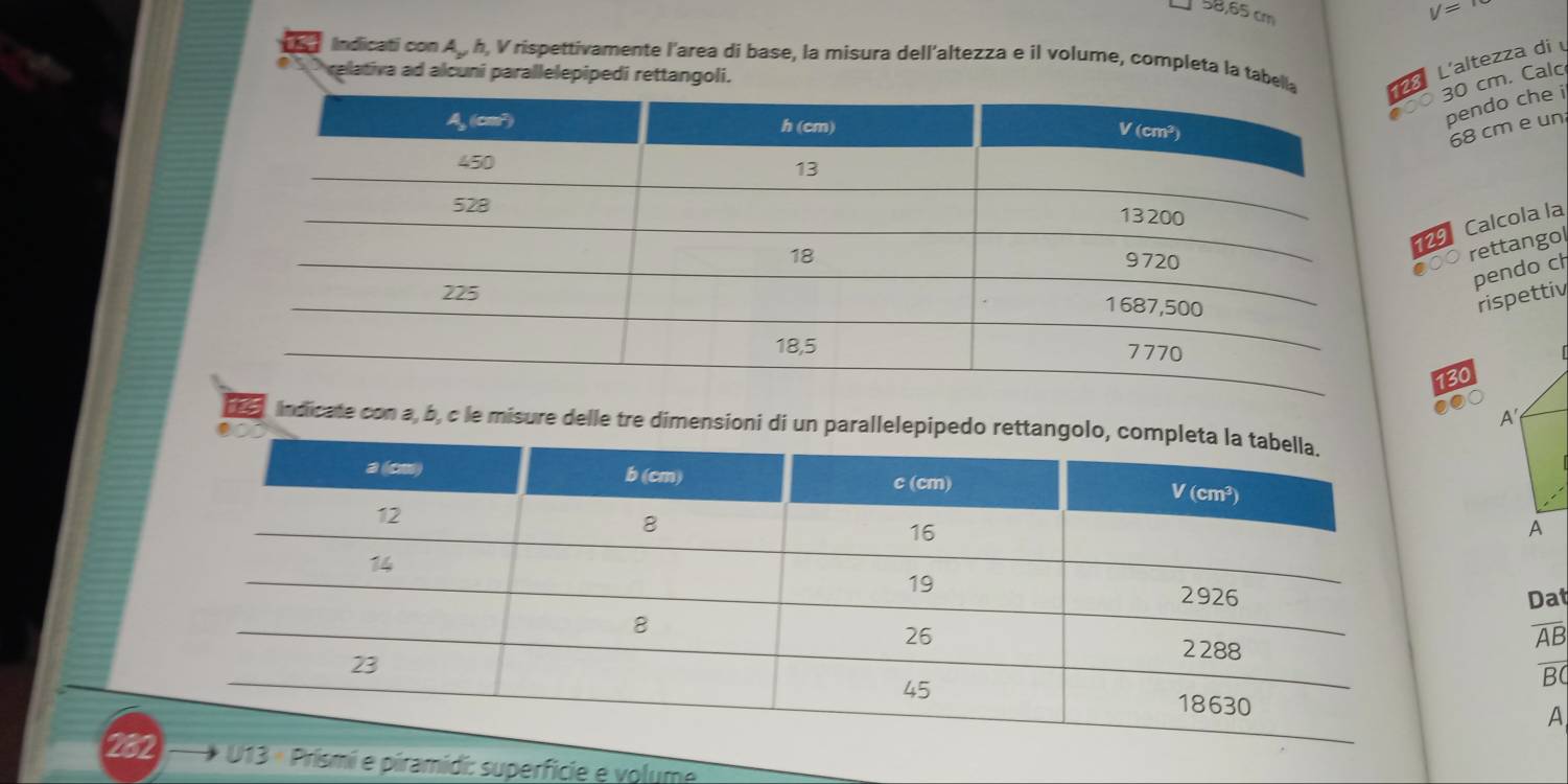 58,65 cm
V=
Indicati con A_y h, V rispettivamente l'area di base, la misura dell'altezza e il volume, completa la tabel
o relativa ad alcuni parallelepipedi rettangoli.
L'altezza di
30 cm. Calc
pendo che i
68 cm e un
29 Calcola la
000 rettangol
pendo ch
rispettiv
130
0OC
A
indicate con a, b, c le misure delle tre dimensioni di un parallelepipedo rettangolo,
A
Dat
overline AB
overline BC
A
282 « Prísmi e píramidi: superficie e volume