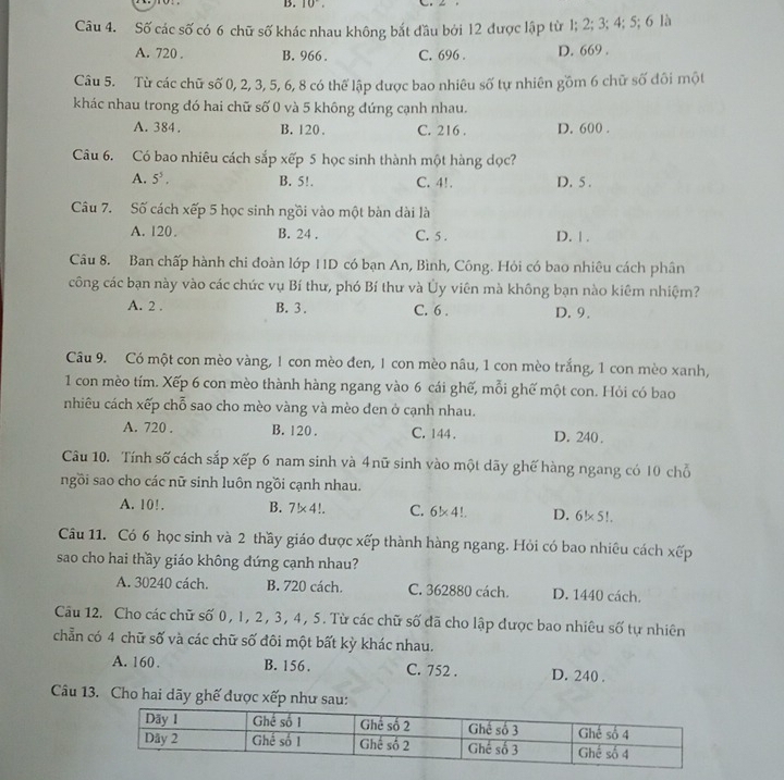 10°,
Câu 4. Số các số có 6 chữ số khác nhau không bắt đầu bởi 12 được lập từ 1; 2; 3; 4; 5; 6 là
A. 720 . B. 966 . C. 696 . D. 669 .
Câu 5. Từ các chữ số 0, 2, 3, 5, 6, 8 có thể lập được bao nhiêu số tự nhiên gồm 6 chữ số đôi một
khác nhau trong đó hai chữ số 0 và 5 không đứng cạnh nhau.
A. 384. B. 120 . C. 216 . D. 600 .
Câu 6. Có bao nhiêu cách sắp xếp 5 học sinh thành một hàng dọc?
A. 5^5. B. 5!. C. 4!. D. 5 .
Câu 7. Số cách xếp 5 học sinh ngồi vào một bàn dài là
A. 120. B. 24 . C. 5 . D. | .
Câu 8. Ban chấp hành chi đoàn lớp 11D có bạn An, Bình, Công. Hỏi có bao nhiêu cách phân
công các bạn này vào các chức vụ Bí thư, phó Bí thư và Ủy viên mà không bạn nào kiêm nhiệm?
A. 2 . B. 3 . C. 6 . D. 9.
Câu 9. Có một con mèo vàng, 1 con mèo đen, 1 con mèo nâu, 1 con mèo trắng, 1 con mèo xanh,
1 con mèo tím. Xếp 6 con mèo thành hàng ngang vào 6 cái ghế, mỗi ghế một con. Hỏi có bao
nhiêu cách xếp chỗ sao cho mèo vàng và mèo den ở cạnh nhau.
A. 720 . B. 120 . C. 144 . D. 240 .
Câu 10. Tính số cách sắp xếp 6 nam sinh và 4nữ sinh vào một dãy ghế hàng ngang có 10 chỗ
ngồi sao cho các nữ sinh luôn ngồi cạnh nhau.
A. 10!. B. 7!* 4!. C. 6* 4!.. D. 6!* 5!.
Câu 11. Có 6 học sinh và 2 thầy giáo được xếp thành hàng ngang. Hỏi có bao nhiêu cách xếp
sao cho hai thầy giáo không dứng cạnh nhau?
A. 30240 cách. B. 720 cách. C. 362880 cách. D. 1440 cách.
Câu 12. Cho các chữ số 0, l, 2 , 3, 4, 5. Từ các chữ số đã cho lập được bao nhiêu số tự nhiên
chẵn có 4 chữ số và các chữ số đôi một bất kỳ khác nhau.
A. 160 . B. 156 . C. 752 . D. 240 .
Câu 13. Cho hai dãy ghế được xếp như sau: