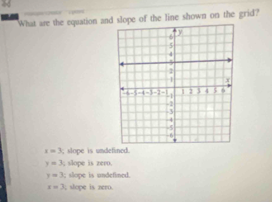 What are the equation and slope of the line shown on the grid?
x=3; slope is undefined.
y=3 slope is zero.
y=3; slope is undefined.
x=3; slope is zero.