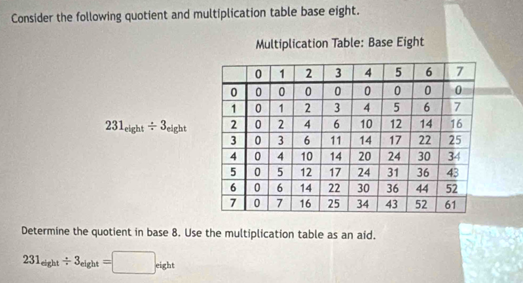 Consider the following quotient and multiplication table base eight. 
Multiplication Table: Base Eight
231_eight/ 3_eight
Determine the quotient in base 8. Use the multiplication table as an aid.
231_eight/ 3_eight=□ eight