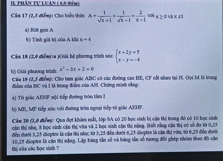 PHẢN Tự LUẠN ( 6,0 điểm) 
Câu 17 (1,5 điểm): Cho biểu thức A= 1/sqrt(x)+1 + 1/sqrt(x)-1 + 2/x-1  với x≥ 0 và x!= 1
a) Rút gọn A 
b) Tính giá trị của A khi x=4
Câu 18 (2,0 điểm):a )Giải hệ phương trình sau: beginarrayl x+2y=5 x-y=-4endarray.
b) Giải phương trình: x^2-3x+2=0
Câu 19 (1,5 điểm): Cho tam giác ABC có các đường cao BE, CF cắt nhau tại H. Gọi M là trung 
điểm của BC và I là trung điểm của AH. Chứng minh rằng: 
a) Tứ giác AEHF nội tiếp đường tròn tâm I 
b) ME, MF tiếp xúc với đường tròn ngoại tiếp tứ giác AEHF. 
Câu 20 (1,0 điểm): Qua đợt khám mắt, lớp 9A có 20 học sinh bị cận thị trong đó có 10 học sinh 
cận thị nhẹ, 8 học sinh cận thị vừa và 2 học sinh cận thị nặng. Biết rằng cận thị có số đo từ 0,25
đến dưới 3, 25 dioptre là cận thị nhẹ; từ 3, 25 đến dưới 6, 25 dioptre là cận thị vừa; từ 6,25 đến dưới
10, 25 dioptre là cận thị nặng. Lập bảng tần số và bảng tần số tương đối ghép nhóm theo độ cận 
thị của các học sinh ?