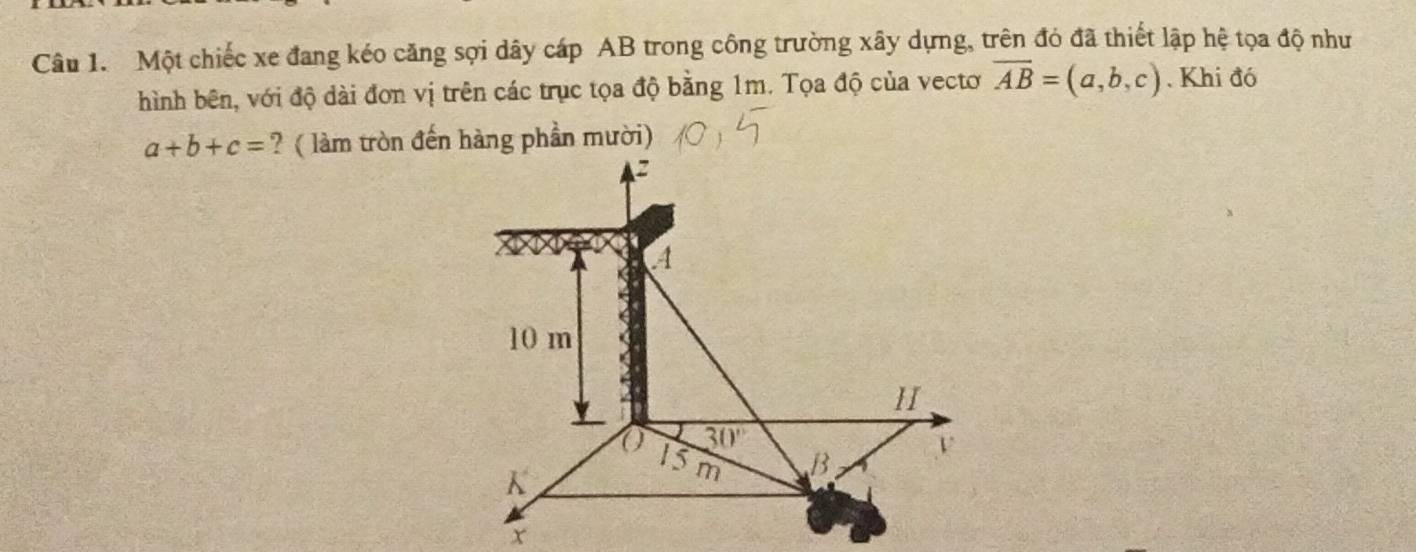 Một chiếc xe đang kéo căng sợi dây cáp AB trong công trường xây dựng, trên đó đã thiết lập hệ tọa độ như
hình bên, với độ dài đơn vị trên các trục tọa độ bằng 1m. Tọa độ của vectơ overline AB=(a,b,c). Khi đó
a+b+c=