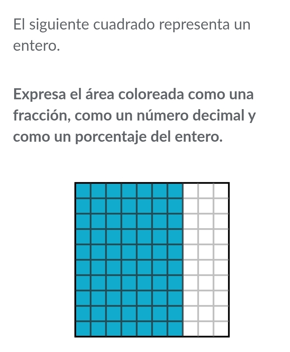 El siguiente cuadrado representa un 
entero. 
Expresa el área coloreada como una 
fracción, como un número decimal y 
como un porcentaje del entero.