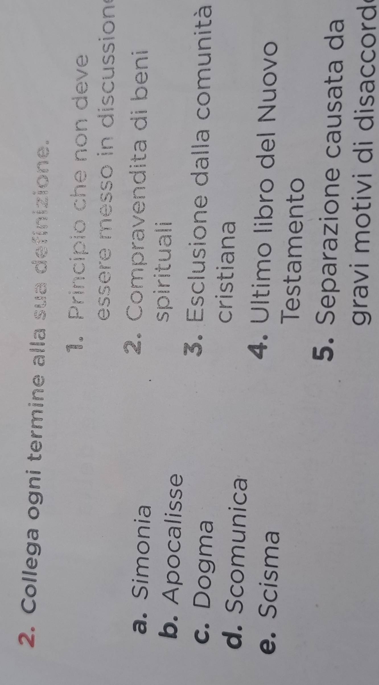 Collega ogni termine alla sua definizione.
1. Principio che non deve
essere messo in discussion
a. Simonia
2. Compravendita di beni
b. Apocalisse
spirituali
c. Dogma
3. Esclusione dalla comunità
cristiana
d. Scomunica
e. Scisma
4. Ultimo libro del Nuovo
Testamento
5. Separazione causata da
gravi motivi di disaccord