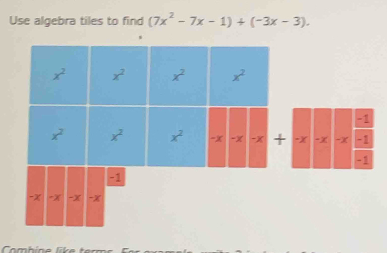 Use algebra tiles to find (7x^2-7x-1)+(-3x-3).