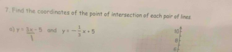 Find the coordinates of the point of intersection of each pair of lines.
a) y=_ 3x-5 and y=- 1/3 x+5
10
8
6