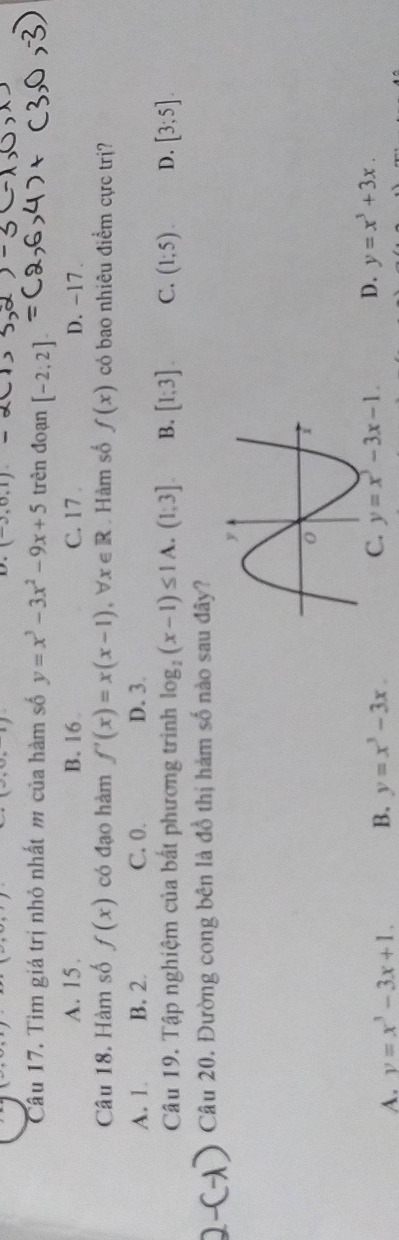 Tìm giá trị nhỏ nhất m của hàm số y=x^3-3x^2-9x+5 trên đoạn [-2;2]
A. 15. B. 16 C. 17 . D. -17 .
Câu 18. Hàm số f(x) có đạo hàm f'(x)=x(x-1),forall x∈ R. Hàm số f(x) có bao nhiêu điểm cực trị?
A. 1 B. 2. C. 0. D. 3.
Câu 19. Tập nghiệm của bất phương trình log _2(x-1)≤ 1A.(1;3] B. [1;3] C. (1;5). D. [3;5].
Câu 20. Đường cong bên là đồ thị hàm số nào sau đây?
D.
A. y=x^3-3x+1. B. y=x^3-3x. y=x^3+3x.