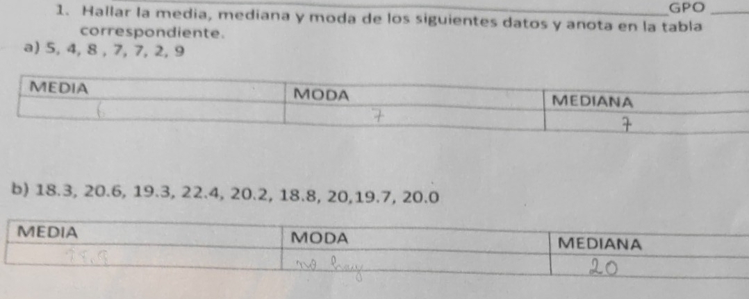 GPO 
1. Hallar la media, mediana y moda de los siguientes datos y anota en la tabla_ 
correspondiente. 
a) 5, 4, 8 , 7, 7, 2, 9
b) 18.3, 20.6, 19.3, 22.4, 20.2, 18.8, 20, 19.7, 20.0