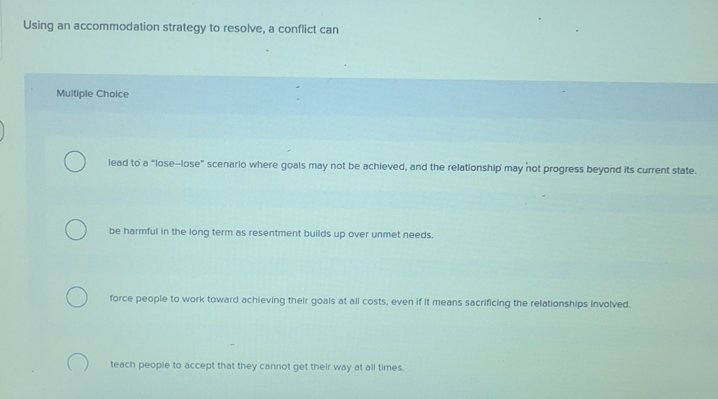 Solved: Using an accommodation strategy to resolve, a conflict can ...