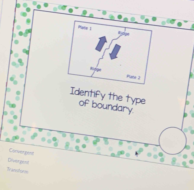 Identify the type
of boundary.
Convergent
Divergent
Transform