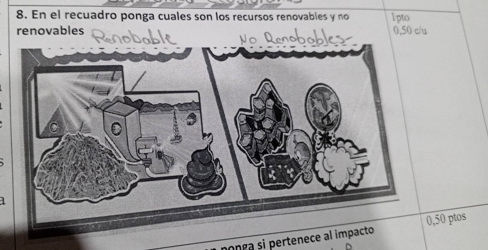 En el recuadro ponga cuales son los recursos renovables y no 1pto
renovables Rsobabl
No Renobabley
0,50 c/u
, 50 ptos
onga si pertenece al impacto