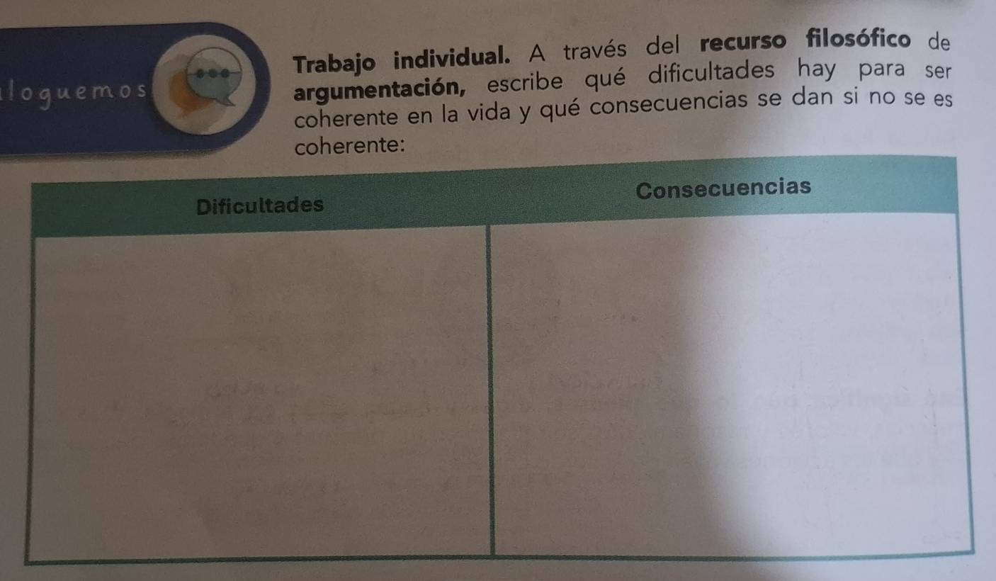 Trabajo individual. A través del recurso filosófico de 
argumentación, escribe qué dificultades hay para ser 
coherente en la vida y qué consecuencias se dan si no se es