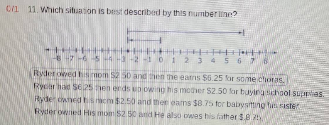 0/1 11. Which situation is best described by this number line?
Ryder owed his mom $2.50 and then the earns $6.25 for some chores.
Ryder had $6.25 then ends up owing his mother $2.50 for buying school supplies.
Ryder owned his mom $2.50 and then earns $8.75 for babysitting his sister.
Ryder owned His mom $2.50 and He also owes his father $.8.75.