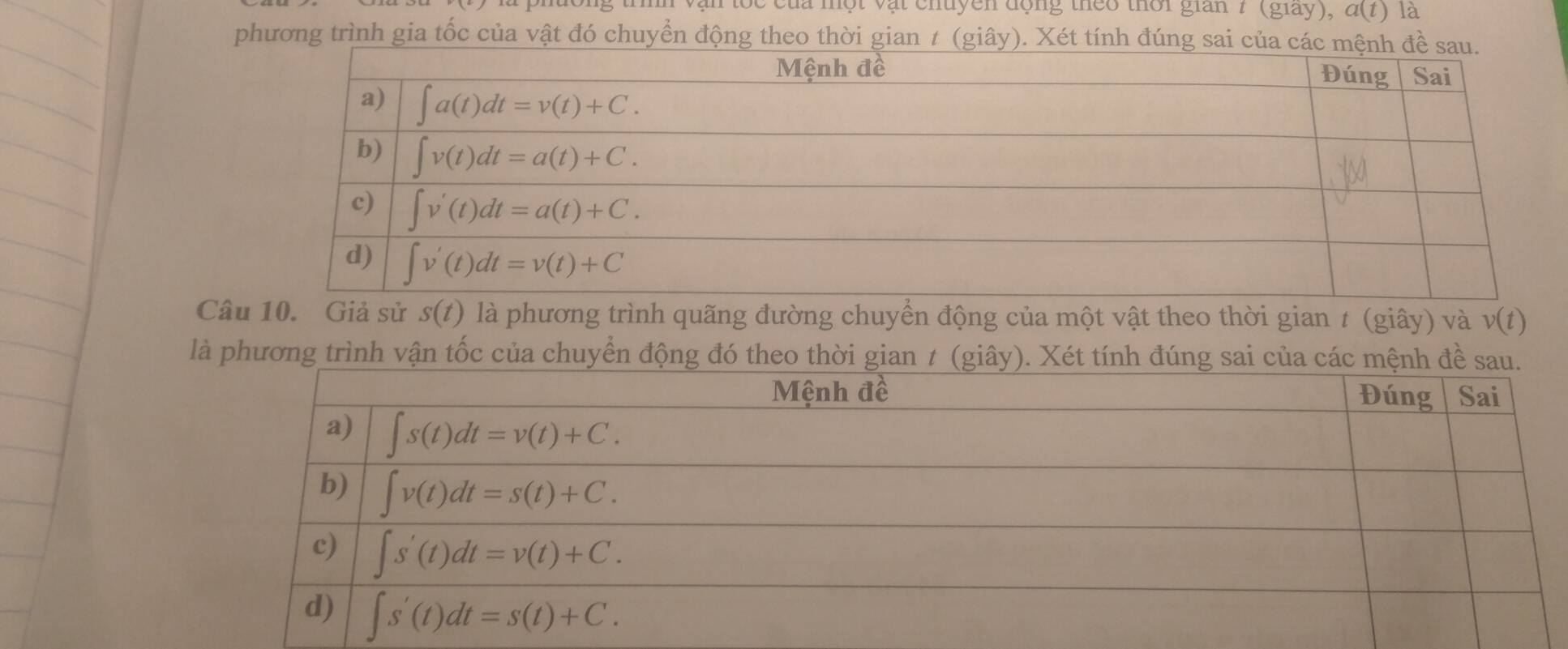 của nột vật chuyên động theo thời gian 7 (giay), a(t) là
phương trình gia tốc của vật đó chuyển động theo thời gian t (giây). Xét tính đú
Câu 10. Giả sử s(t) là phương trình quãng đường chuyển động của một vật theo thời gian # (giây) và v(t)
là phương trình vận tốc của chuyển động đó theo th