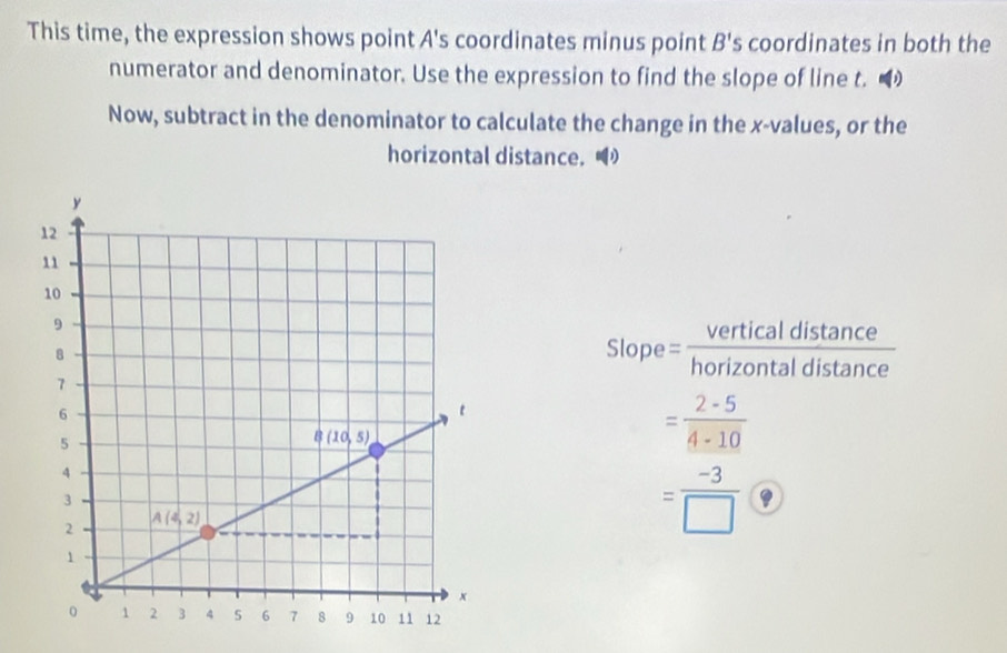 This time, the expression shows point A's coordinates minus point B' s coordinates in both the
numerator and denominator. Use the expression to find the slope of line t.
Now, subtract in the denominator to calculate the change in the x-values, or the
horizontal distance. 
Slope = verticaldistan ce/horizontaldistan ce 
= (2-5)/4-10 
= (-3)/□  