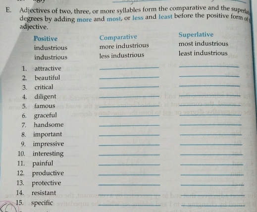 Adjectives of two, three, or more syllables form the comparative and the super
degrees by adding more and most, or less and least before the positive form of
adjective.
Positive Comparative Superlative
industrious more industrious most industrious
industrious less industrious least industrious
1. attractive
_
_
2. beautiful
_
_
3. critical
_
_
4. diligent
_
_
5. famous
_
_
6. graceful
_
_
7. handsome_
_
8. important
_
_
9. impressive_
_
10. interesting_
_
11. painful
_
_
12. productive_
_
13. protective_
_
14. resistant
_
_
15. specific
_
_