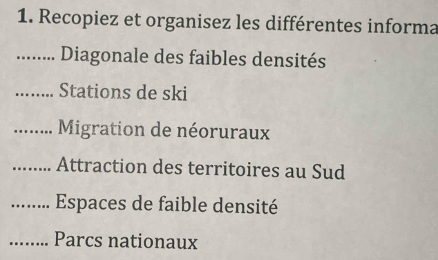 Recopiez et organisez les différentes informa 
_...... . Diagonale des faibles densités 
_ Stations de ski 
_......... Migration de néoruraux 
_Attraction des territoires au Sud 
_........ Espaces de faible densité 
_. Parcs nationaux