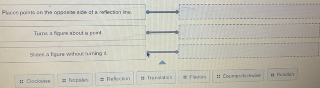 Places points on the opposite side of a reflection line.
Turns a figure about a point.
Slides a figure without turning it.
Clockwise :: Nopales :: Reflection :: Translation : Flautas :: Counterclockwise Rotation