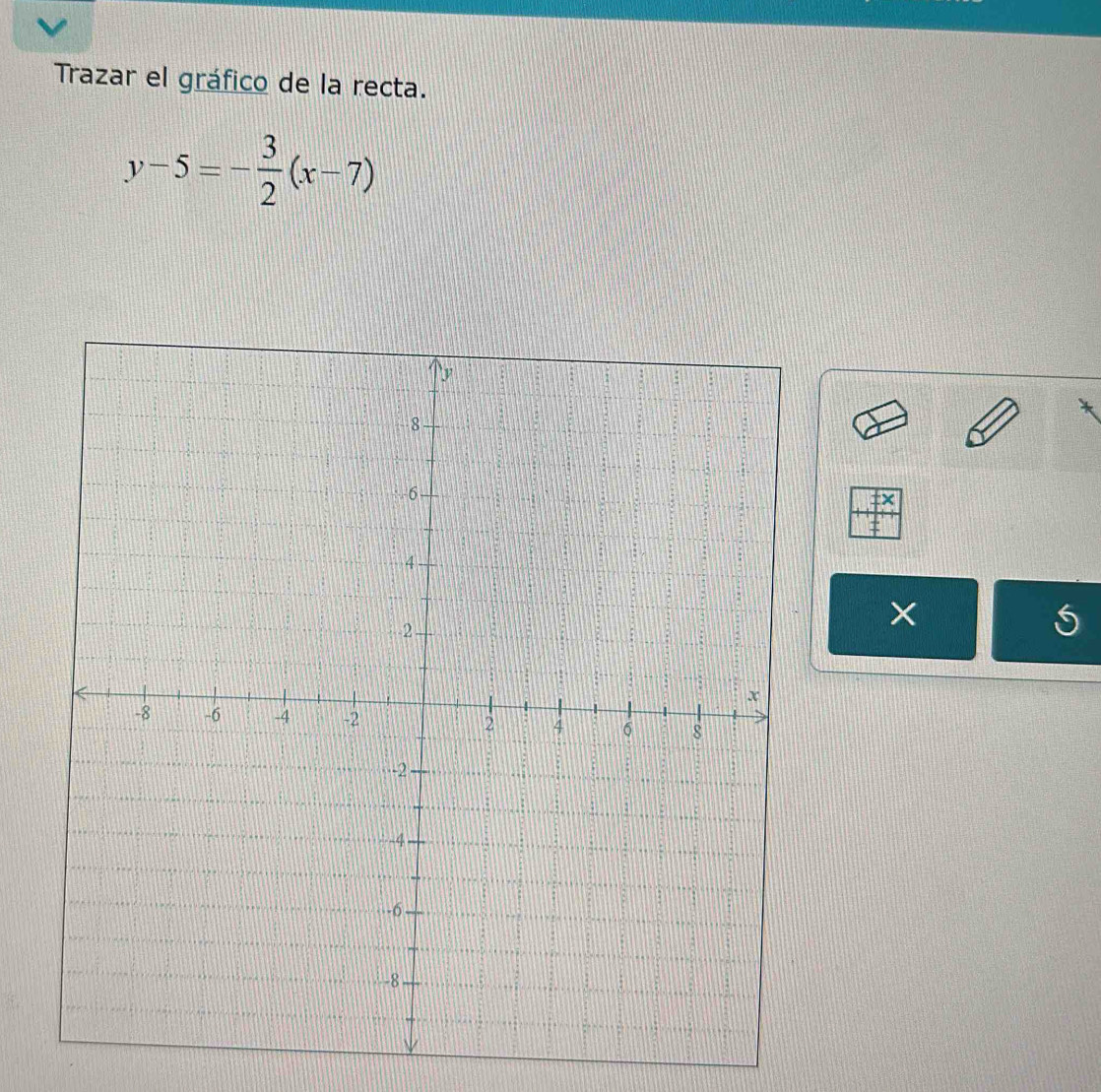 Trazar el gráfico de la recta.
y-5=- 3/2 (x-7)
×
5