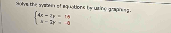 Solve the system of equations by using graphing.
beginarrayl 4x-2y=16 x-2y=-8endarray.