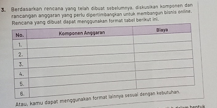 Berdasarkan rencana yang telah dibuat sebelumnya, diskusikan komponen dan 
rancangan anggaran yang perlu dipertimbangkan untuk membangun bisnis online. 
at dapat menggunakan format tabel berikut ini. 
Atau, kamu dapat meng 
bentuk