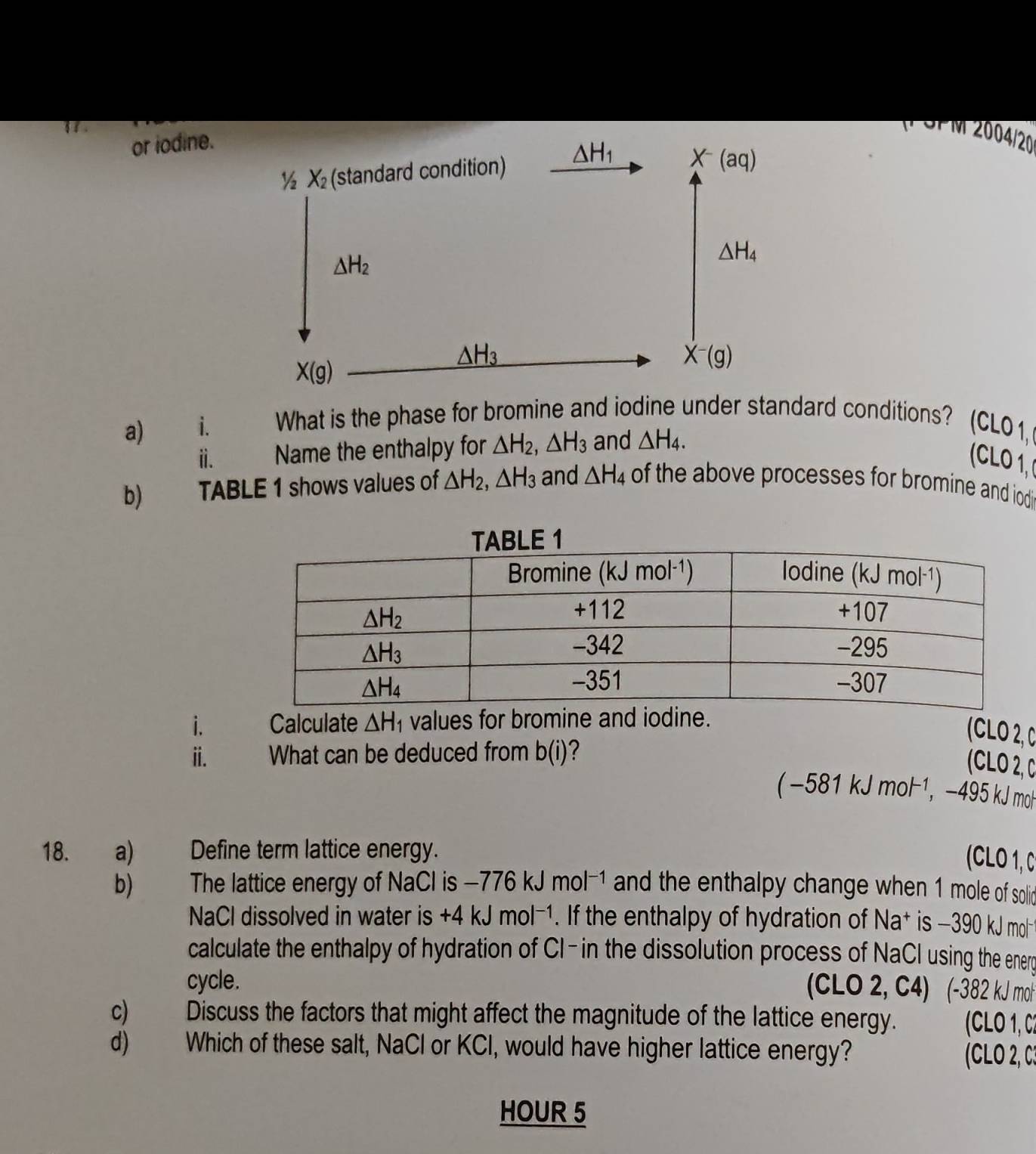 § 8 .
or iodine.
(P SP M 2004/20
a)  i. What is the phase for bromine and iodine under standard conditions? (CL0 1,
ⅱ. Name the enthalpy for △ H_2,△ H_3 and △ H_4.
( LO 1 
b) TABLE 1 shows values of △ H_2,△ H_3 and △ H_4 of the above processes for bromine and iodi
i. Calculate △ H_1 values for bromine and iodine.
( CLO 2, C
ⅱ. What can be deduced from b(i) 2
( CLO 2, C
(-581kJmol^(-1), , −495 kJ moH
18. a) Define term lattice energy.
(CLO 1, C
b) The lattice energy of NaCl is -776kJmol^(-1) and the enthalpy change when 1 mole of solid
NaCl dissolved in water is +4kJmol^(-1). If the enthalpy of hydration of I Na^+ is -390kJmol^-
calculate the enthalpy of hydration of Cl- in the dissolution process of NaCl using the enery
cycle. (CLO2,C4) (-3 82 kJ mol
c) Discuss the factors that might affect the magnitude of the lattice energy.  (CLO 1, C
d) Which of these salt, NaCl or KCI, would have higher lattice energy?
(CLO 2, C:
HOUR 5