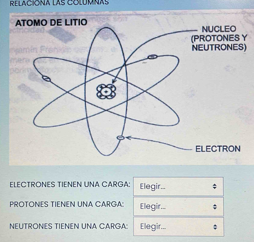 RELACIONA LAS COLUMNAS 
) 
ELECTRONES TIENEN UNA CARGA: Elegir... 
PROTONES TIENEN UNA CARGA: Elegir... 
NEUTRONES TIENEN UNA CARGA: Elegir...