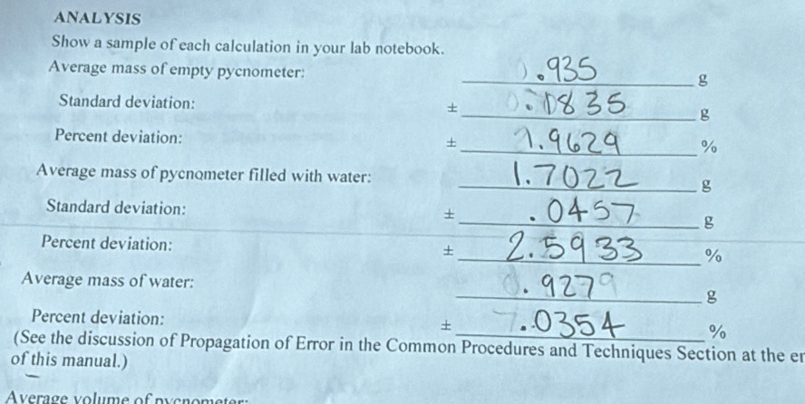 ANALYSIS 
Show a sample of each calculation in your lab notebook. 
Average mass of empty pycnometer: 
_g 
Standard deviation: ±_  g
Percent deviation: 
+ 
_ %
Average mass of pycnometer filled with water: _g 
_ 
Standard deviation: + 
Percent deviation: 
+ 
_ %
Average mass of water: _g 
Percent deviation: +_ %
(See the discussion of Propagation of Error in the Common Procedures and Techniques Section at the er 
of this manual.) 
Average volume of pycnometr