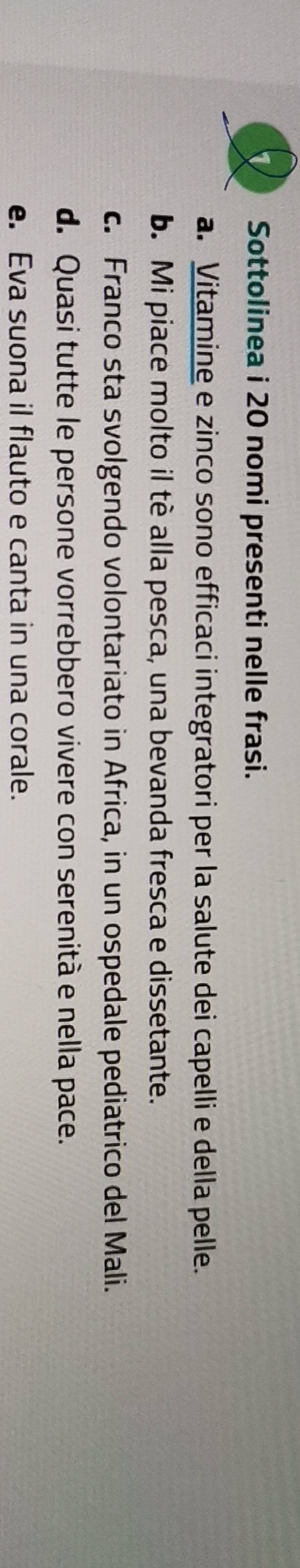 Sottolinea i 20 nomi presenti nelle frasi.
a. Vitamine e zinco sono efficaci integratori per la salute dei capelli e della pelle.
b. Mi piace molto il tè alla pesca, una bevanda fresca e dissetante.
c. Franco sta svolgendo volontariato in Africa, in un ospedale pediatrico del Mali.
d. Quasi tutte le persone vorrebbero vivere con serenità e nella pace.
e. Eva suona il flauto e canta in una corale.