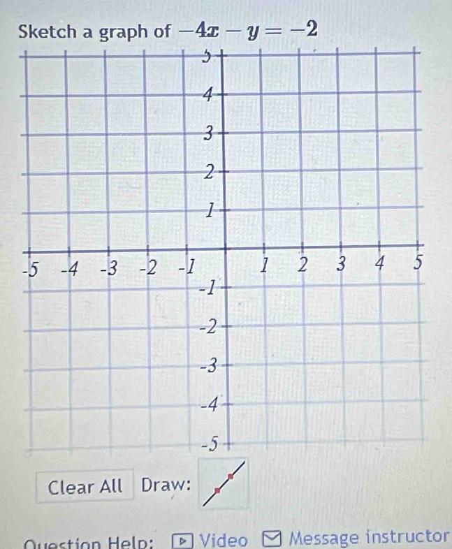 Sketch a graph of -4x-y=-2
- 
Clear All Draw: 
Question Heln : D Video Message instructor