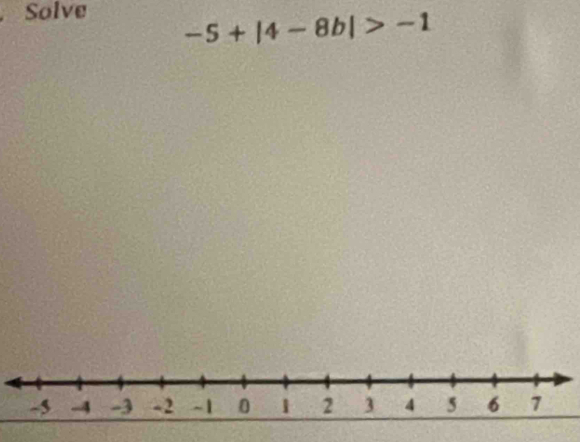 Solve
-5+|4-8b|>-1