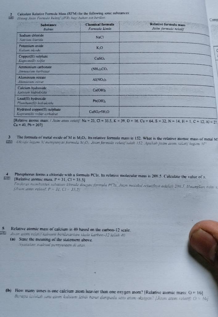 Calculate Relative Formula Mass (RFM) for the following ionic substances:
omp
Ca=40,Pb=207]
3 The formula of metal oxide of M is M_2O_3. Its relative formula mass is 152. What is the relative atomic mass of metal M
0 - Oksida logam N mempunçai formida M_1O A Jisim formula relatf  tala  152. A pakah fis im aom relati f lo gam    
4 Phosphorus forms a chloride with a formula PCIx. Its relative molecular mass is 208.5. Calculate the value of x.
Relative atomic mass P=31,CI=35.5J
Fosforus membentuk sebatian klorida dengan formula PClz Jisun molekul relatifnya adalah 208.5. Unungkan nd m x
Jisim anom ralauf. P=31,Ct=33.5)
5 Relative atomic mass of calcium is 40 based on the carbon-12 scale.
Jisan atom relatíf kalsam berdasarkan skaïa karbon-12 ialah 40
(a) State the meaning of the statement above.
Nyatakán maksud pernyataán di atas
(h) How many times is one calcium atom heavier than one oxygen atom? |Relative atomic mass: O=16]
Berapa kalikah sam atam kalsium lehü berat darıpada satu atam aksigen? [Jisi atom relatif: O=16]