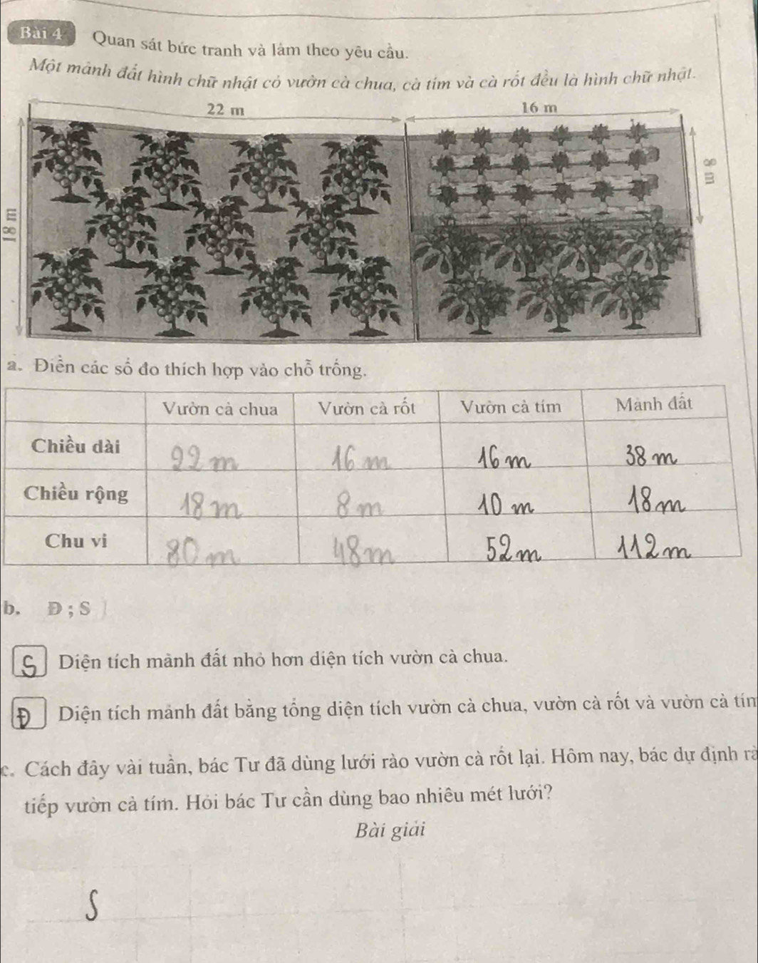 Quan sát bức tranh và làm theo yêu cầu. 
Một mảnh đất hình chữ nhật có vườn cà chua, cà tim và cà rốt đều là hình chữ nhật.
22 m
= 
a. Điễn các số đo thích hợp vào chỗ trống. 
b. D; S 
Diện tích mành đất nhỏ hơn diện tích vườn cà chua. 
Diện tích mảnh đất bằng tổng diện tích vườn cả chua, vườn cà rốt và vườn cả tím 
c. Cách đây vài tuần, bác Tư đã dùng lưới rào vườn cà rốt lại. Hôm nay, bác dự định rà 
tiếp vườn cả tím. Hỏi bác Tư cần dùng bao nhiêu mét lưới? 
Bài giải